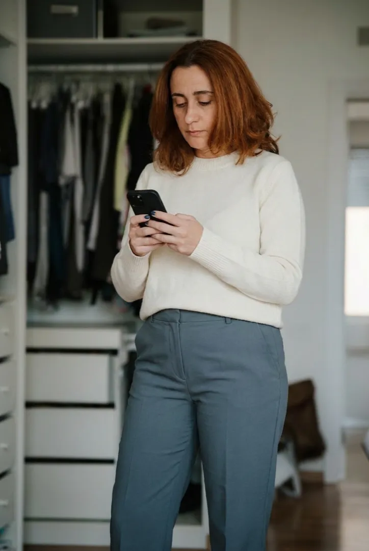 Woman checking her calendar on her phone by her wardrobe